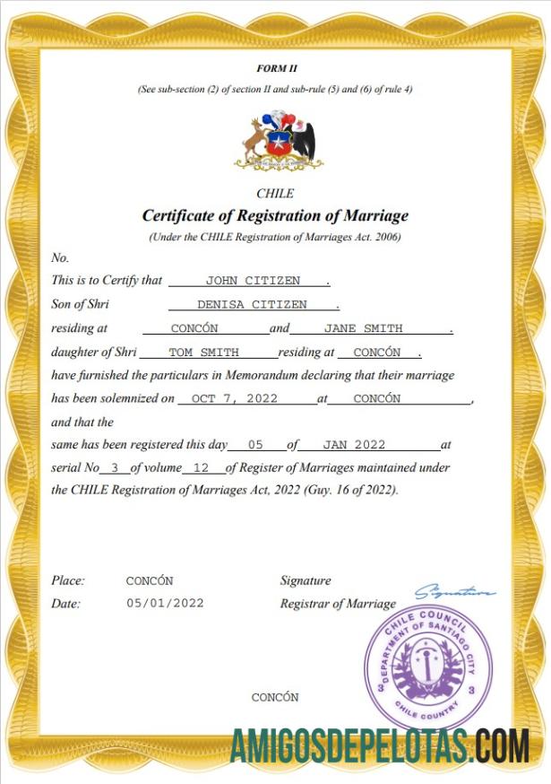 Imprimível modelo Word e PDF de certidão de casamento no Chile